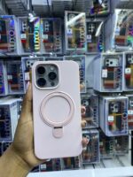 pink silicone iPhone 15pro Max with a MagSafe-compatible ring and a built-in stand