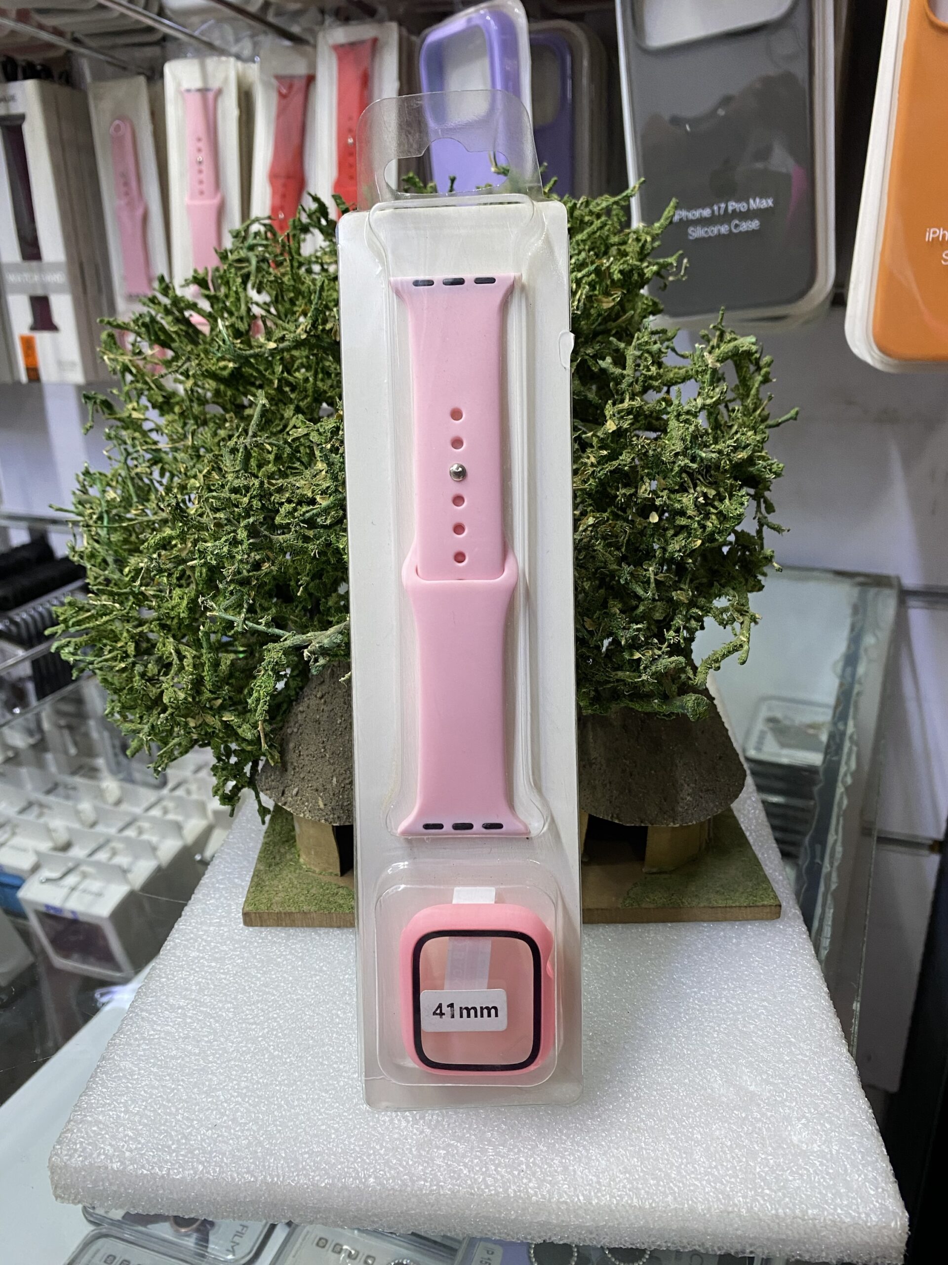 Pink silicone sport band and protective case for a 41mm Apple Watch. - Image 2