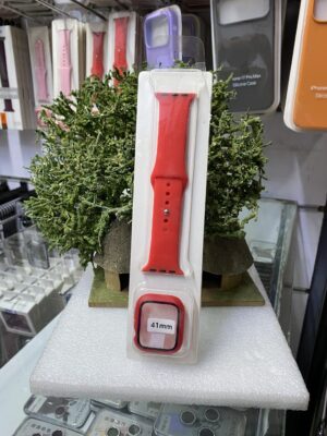 red silicone sport band and protective case for a 41mm Apple Watch.